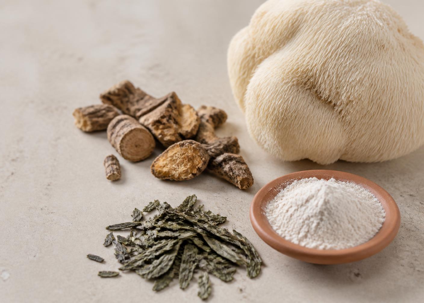 Lion's mane mushroom, rhodiola root, green tea leaves and powder on a stone surface